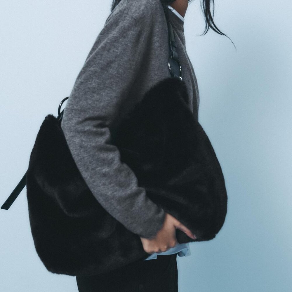 ZARA New Faux Fur Black Bucket Bag